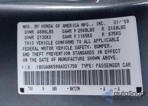 2009 Acura Tl from USA, damaged, VIN 19UUA86599A021759